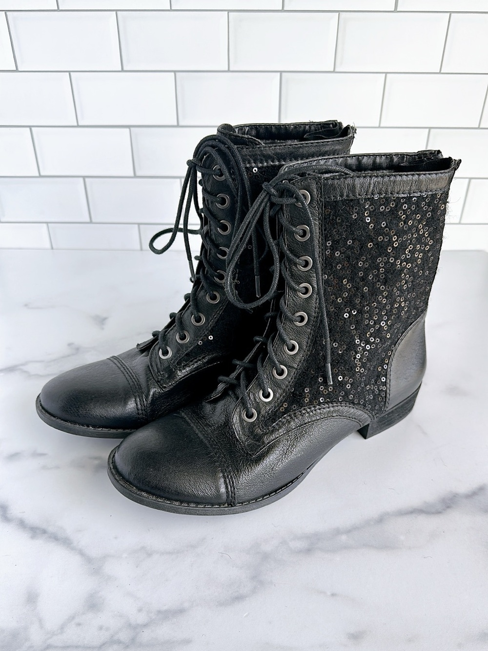 Gianni Bini Black Sequin Lace-Up Combat Boots